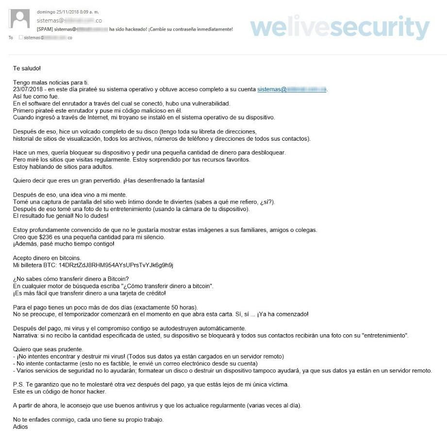 Exemplo de um e-mail contendo sextorsão