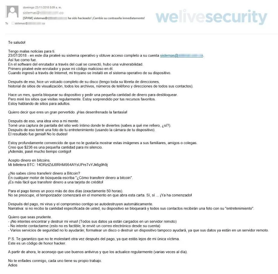 Exemplo de um e-mail contendo sextorsão